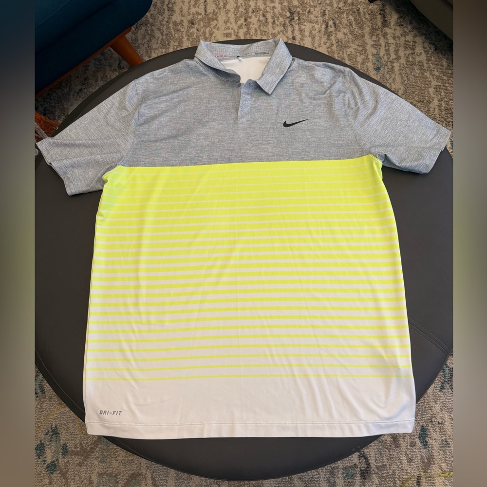 Nike Tiger Woods Collection Polo Shirt‎ Golf Dri-FIT L Yellow Gray Snap Button